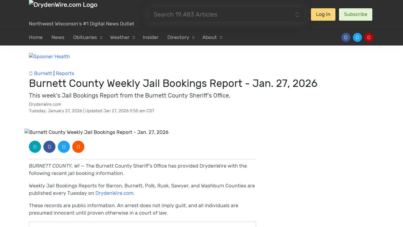Burnett County Weekly Jail Bookings Report - Jan. 27, 2026 Recent News DrydenWire.com